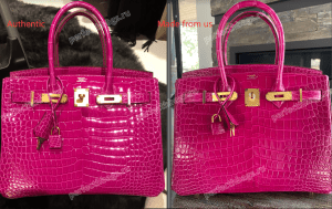 Side-by-side comparison of authentic Hermès Birkin crocodile bag and a replica from Perfecthbags in vibrant pink color.