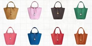 A collection of Hermes Picotin colors displayed in a grid.