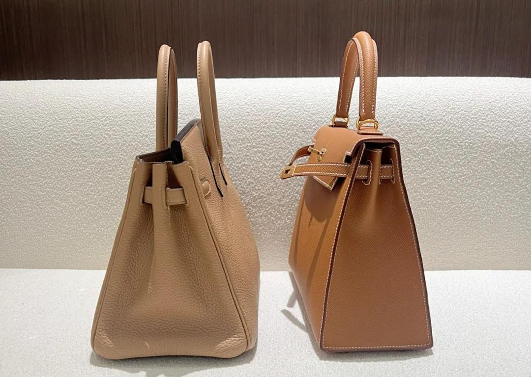 A side profile view of Kelly vs Birkin bags, highlighting the structural differences