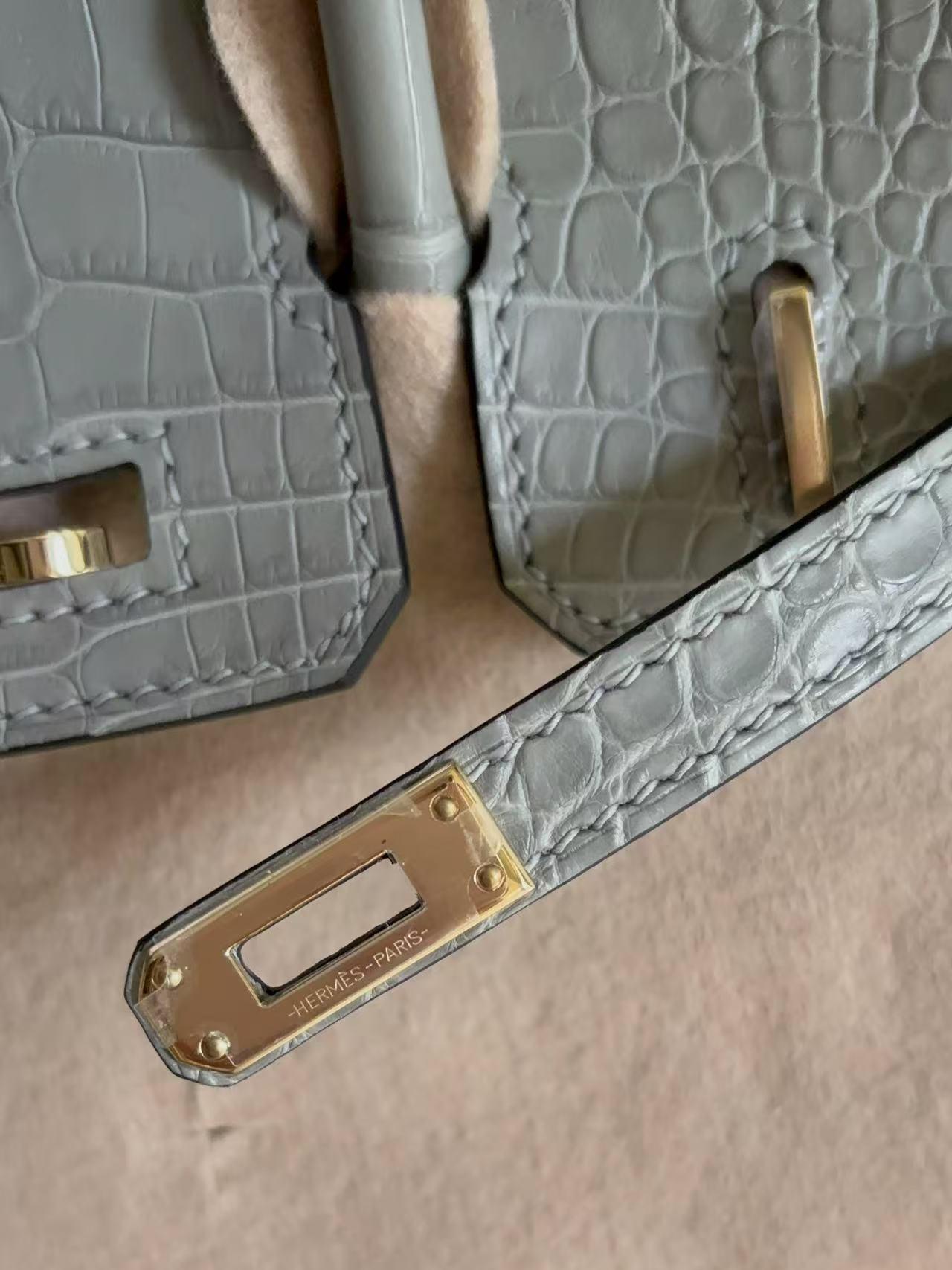 Detailed shot of the gold hardware on a Birkin Faubourg, showing the precise Hermès-Paris engraving on the metal clasp.