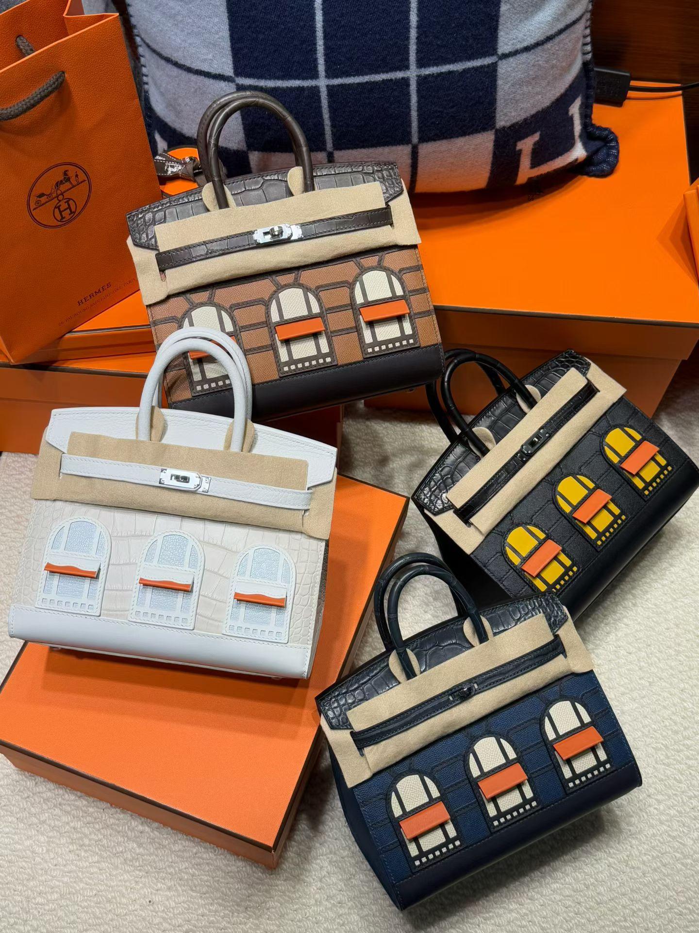 The set of Hermès House Birkin bags: Day, Night, Midnight, and Snow, arranged with luxury accessories.