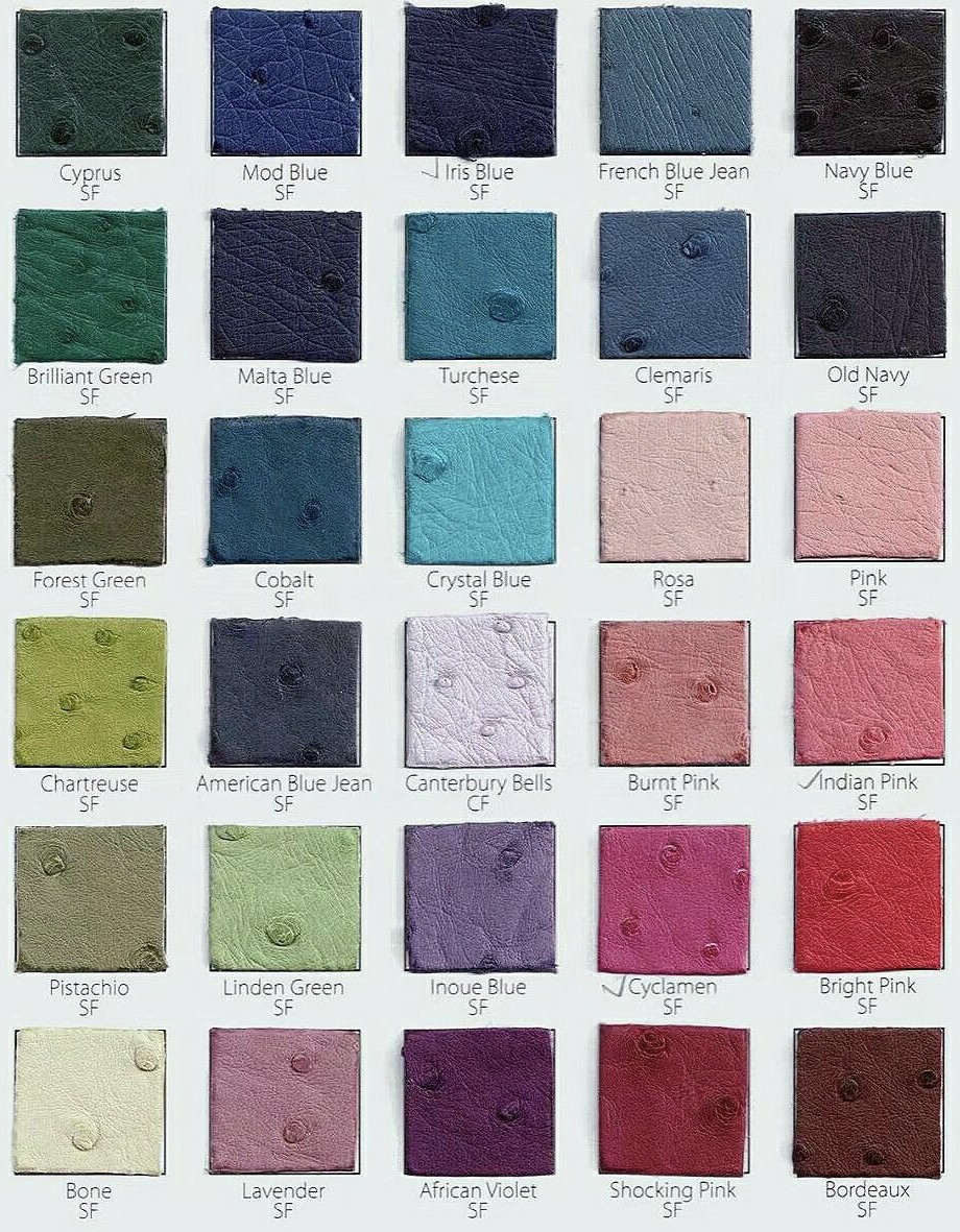 An extensive range of blue, green, and purple Hermes ostrich leather swatches, featuring popular shades like Iris Blue, Cyprus Green, and Rose Tyrien for custom Hermes ostrich bags.