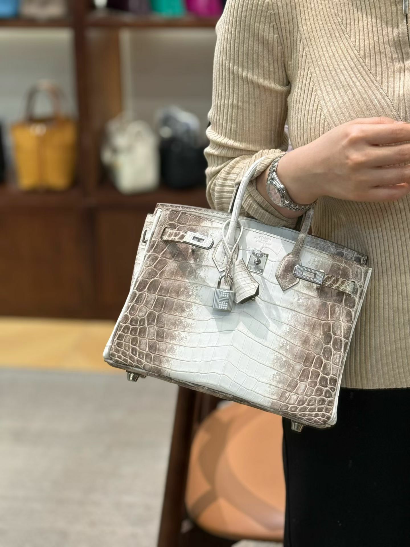 A collector wears a customized Himalayan Birkin 25 with diamond-grade hardware on her arm