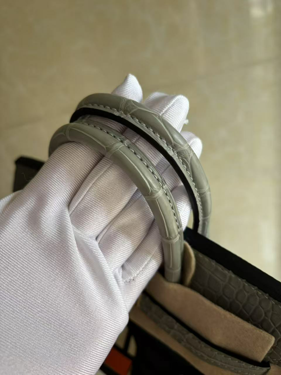 A macro view of the double Matte Alligator handles of the Faubourg Birkin