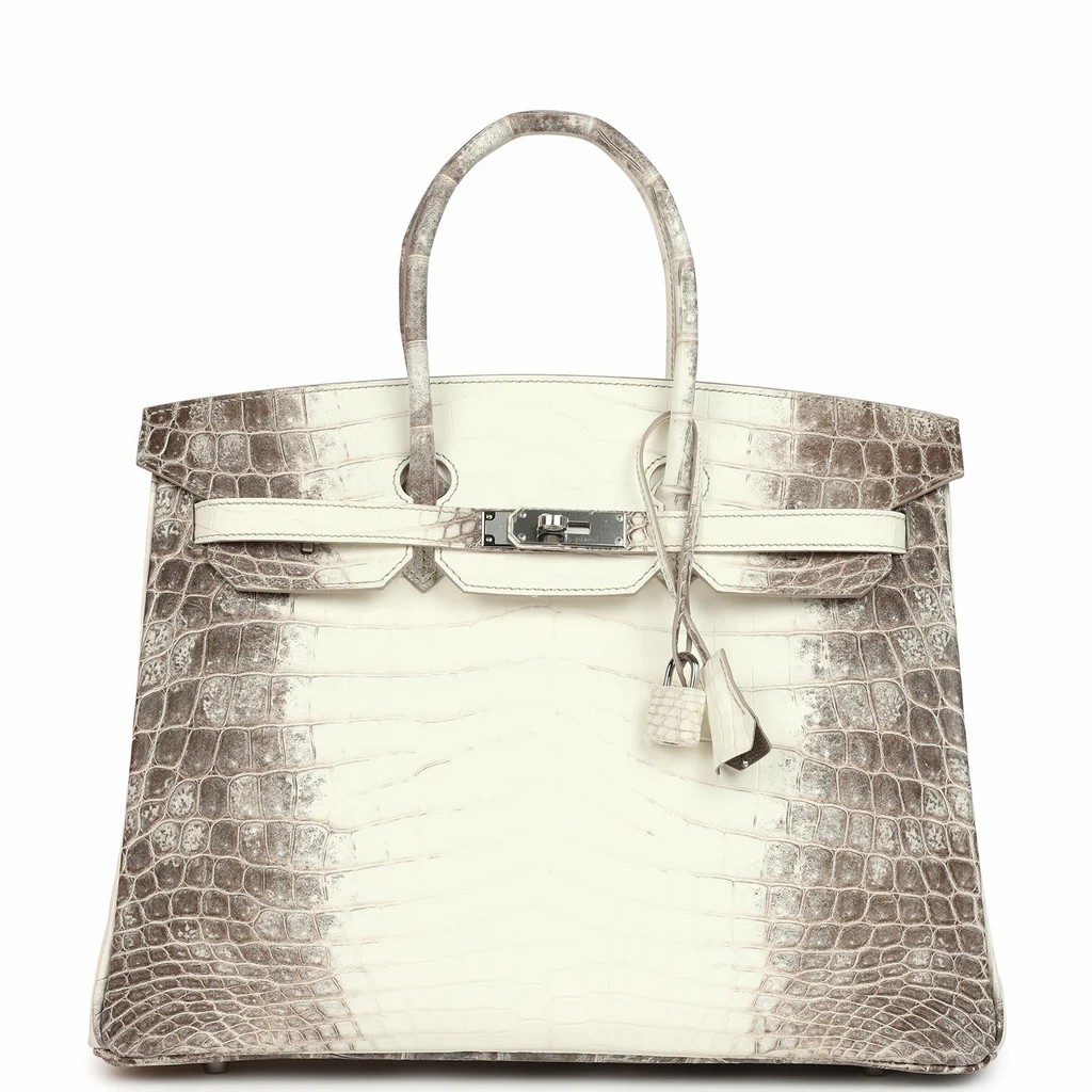 A front view of a matte Hermès Himalayan Birkin handbag with Niloticus crocodile skin