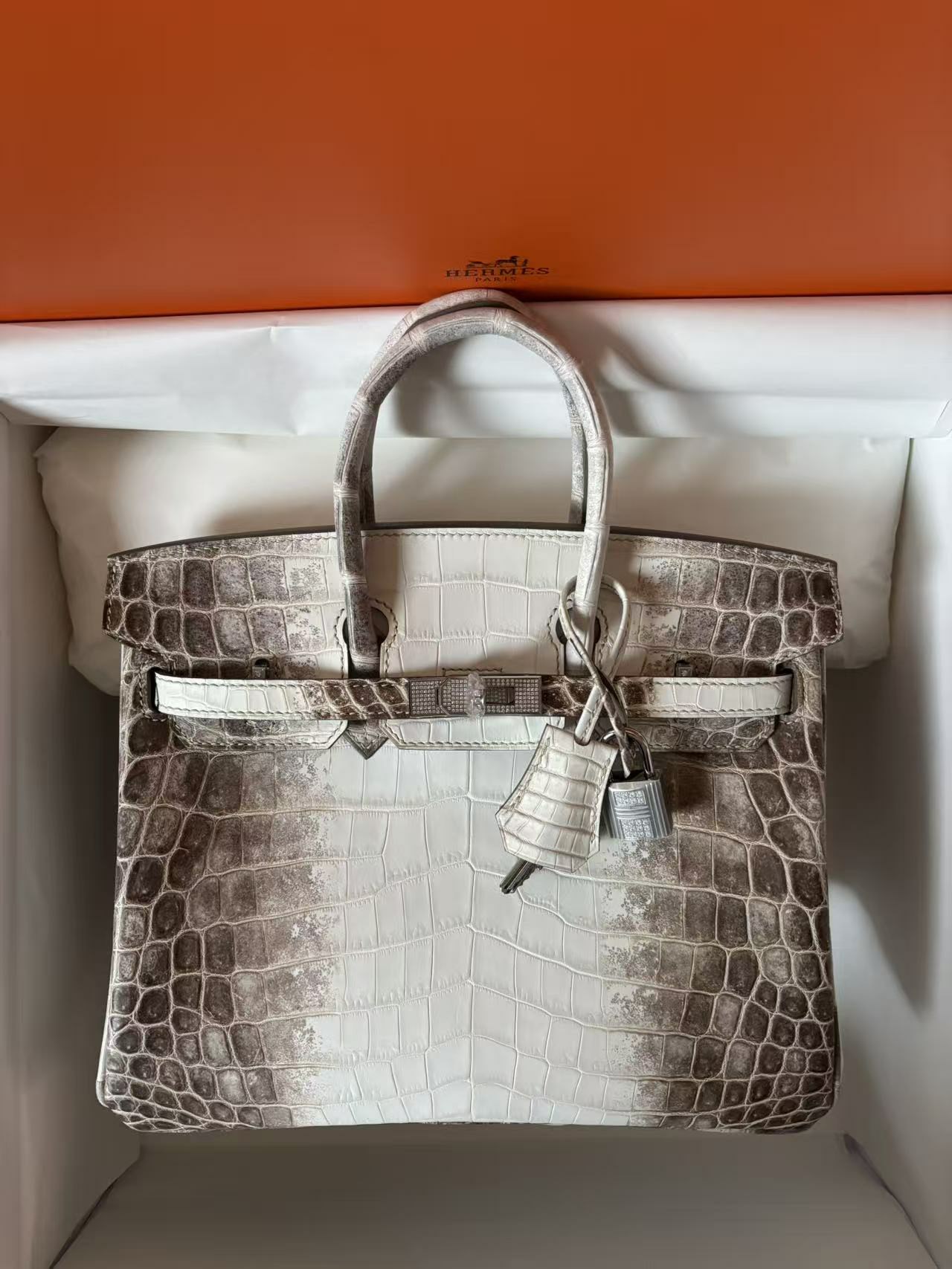A Himalayan Birkin with Moissanite hardware, resting in its signature orange presentation box.