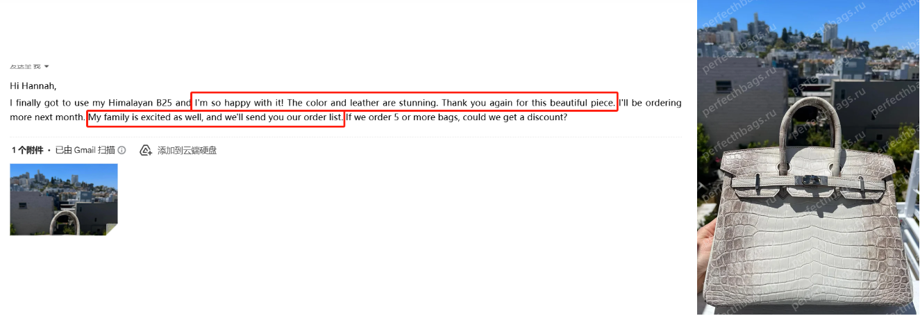 A screenshot of a customer email review to Perfecthbags expressing immense satisfaction with their custom Himalaya Birkin 25