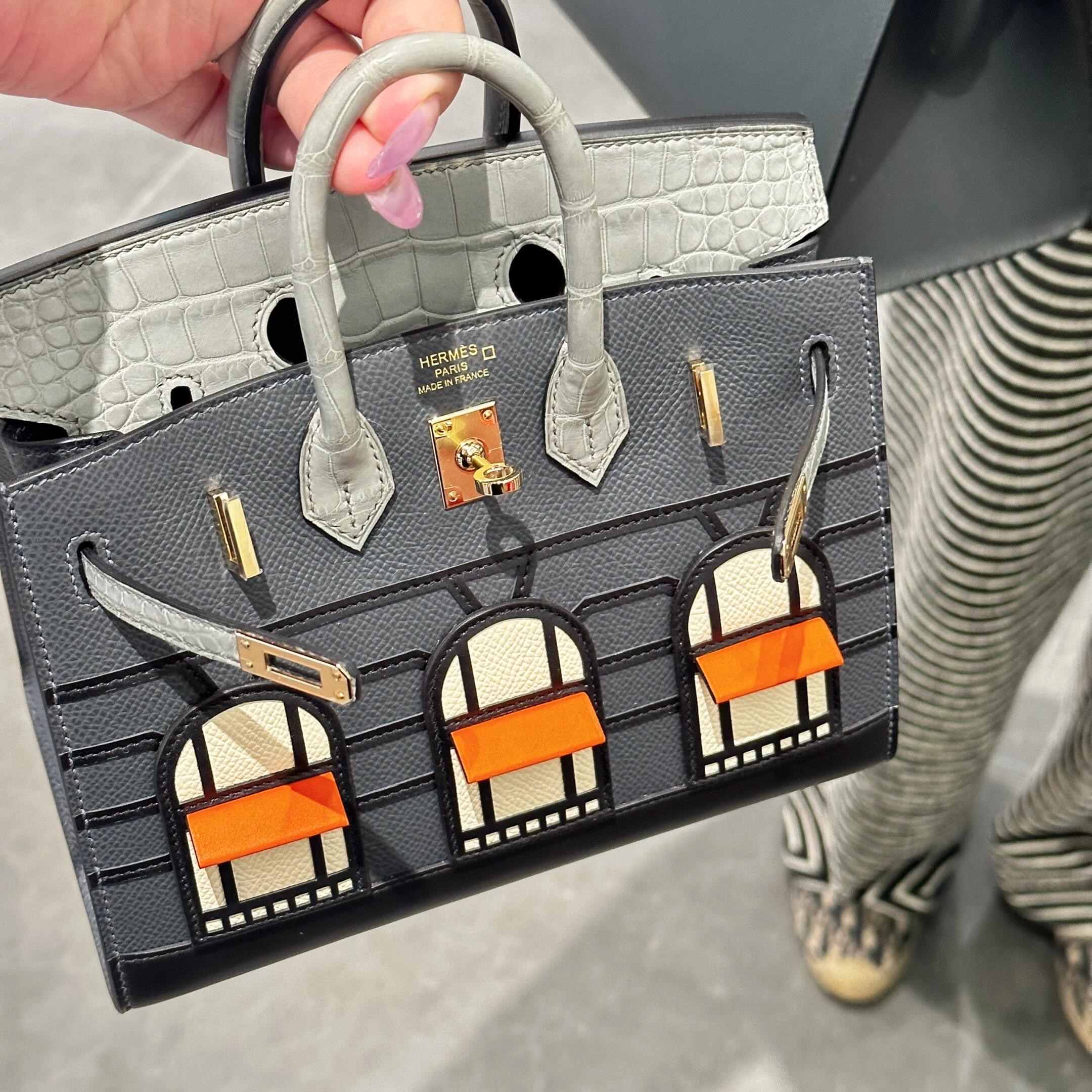 Close-up shot of the Hermes Faubourg Birkin rainy days house bag