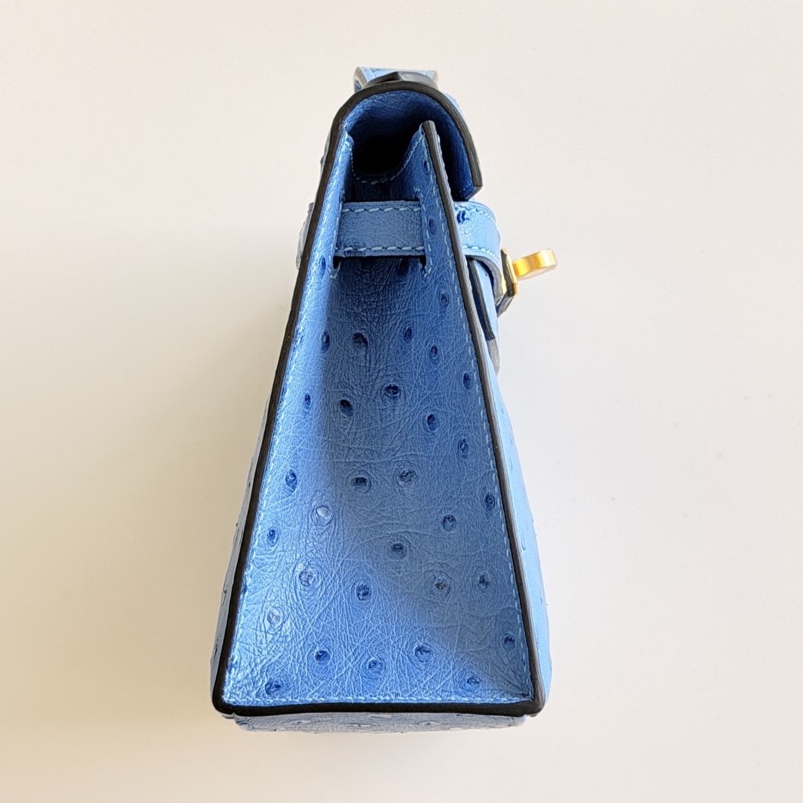 Side profile of the hermes kelly clutch pochette showing the neat edge paint and ostrich quills.