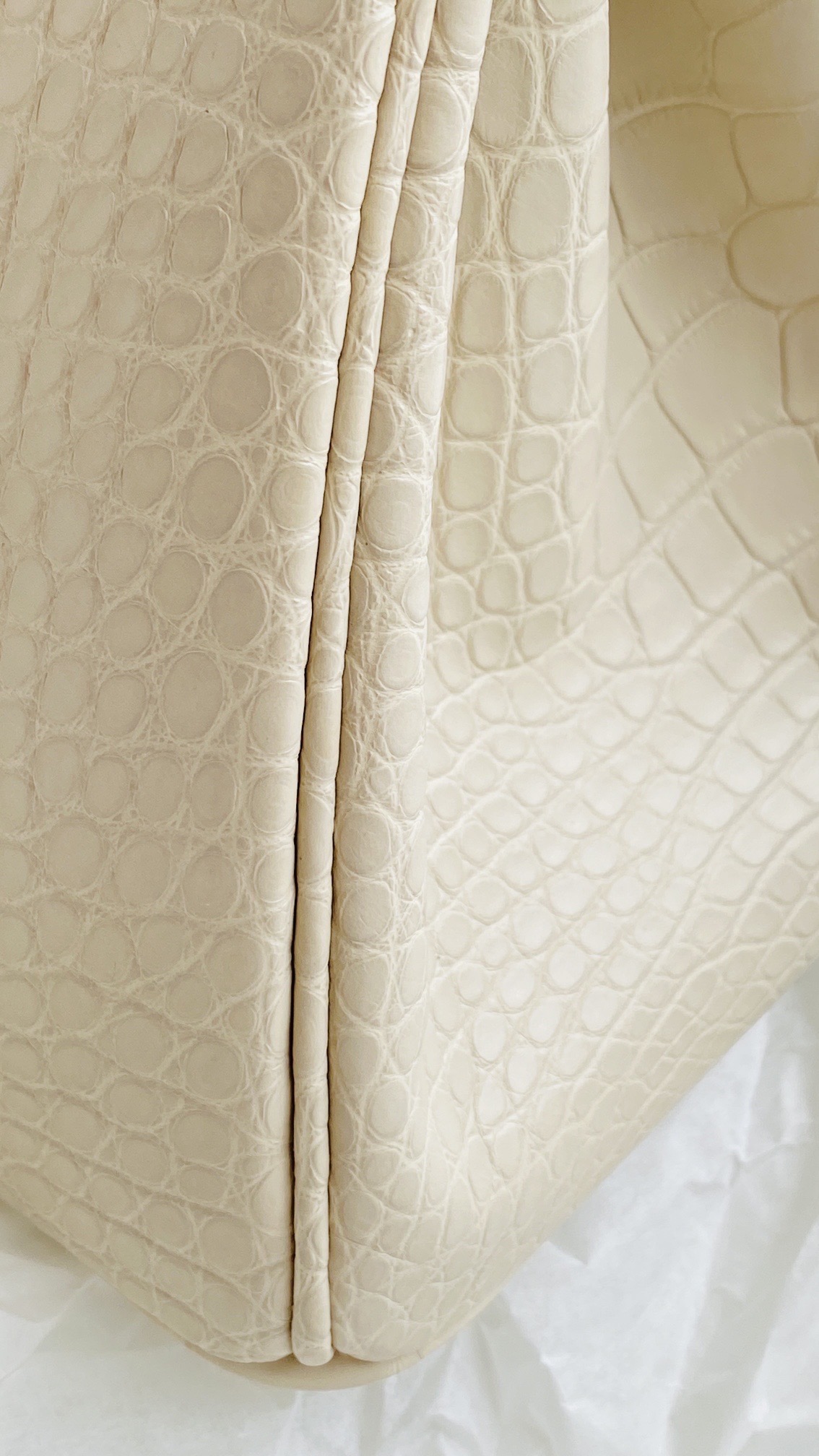 Side view of a Birkin 25 in Beton matte alligator skin showing the precise structural alignment and scale symmetry.
