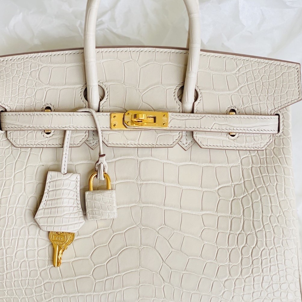 Front view of a luxury Birkin bag in Beton 8L matte alligator with 18k gold plated hardware and clochette.
