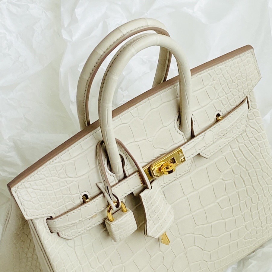 Top-down view of an alligator Birkin bag highlighting the handle symmetry
