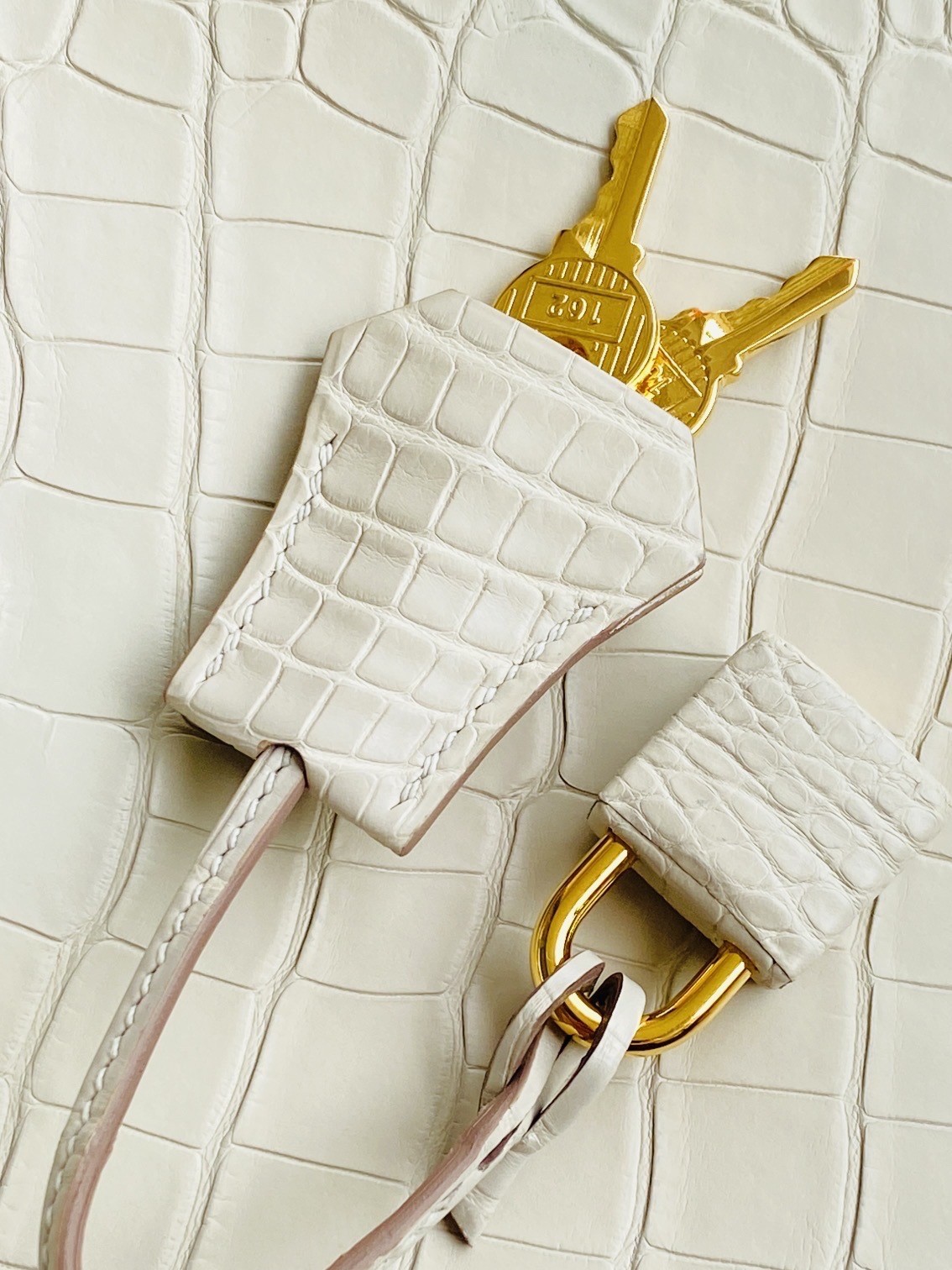 Alligator leather wrapped padlock and gold keys for a luxury Birkin bag.