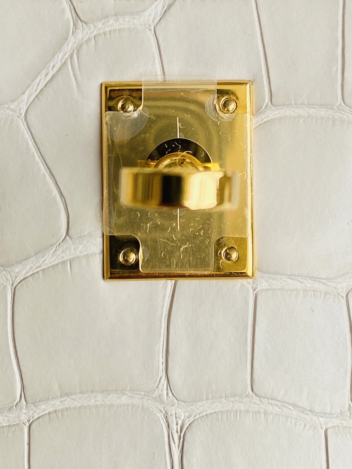 Detailed shot of the 18K gold plated hardware and turnlock on a custom alligator Birkin.