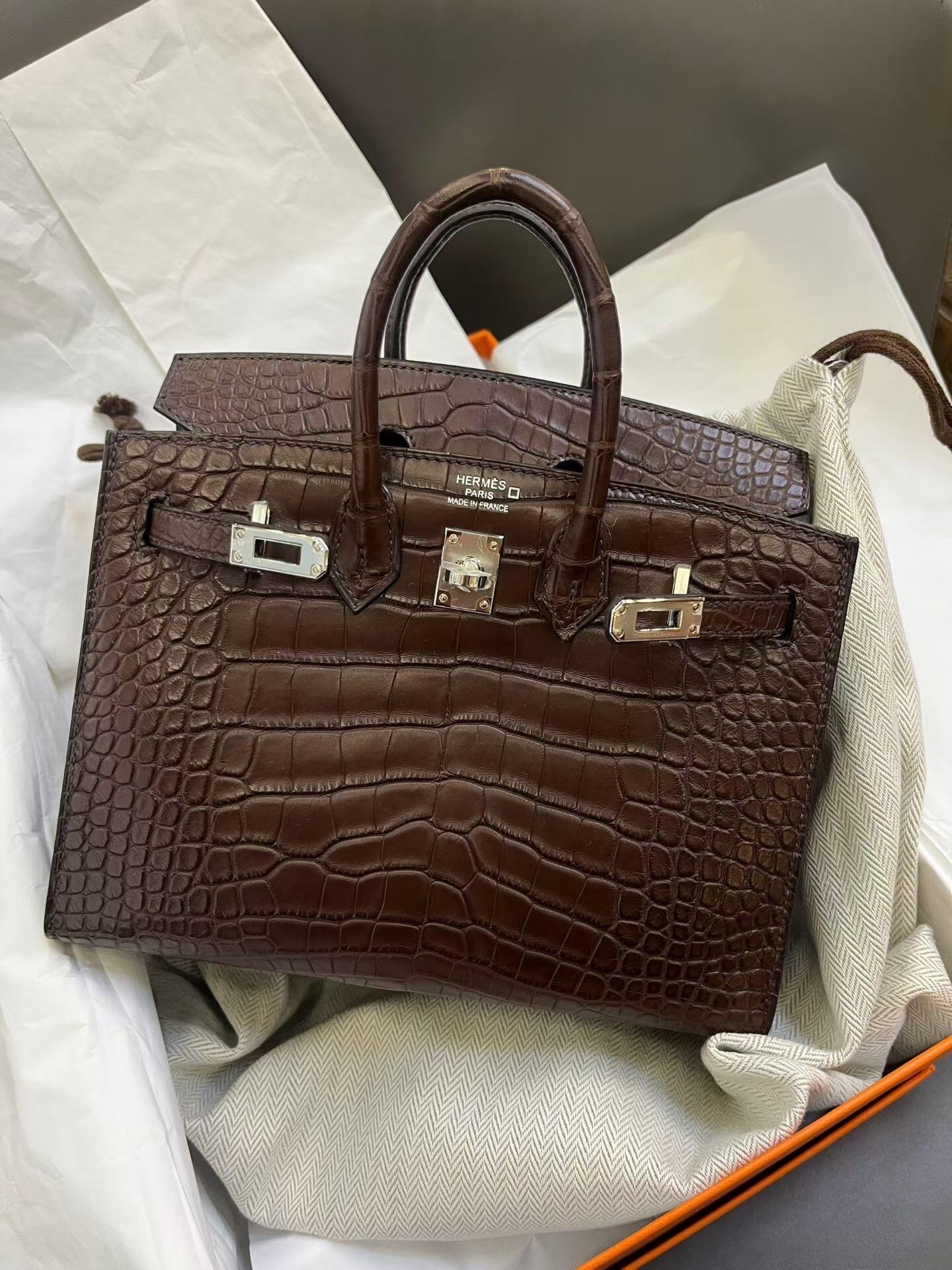 A dark chocolate brown Birkin alligator bag with silver hardware