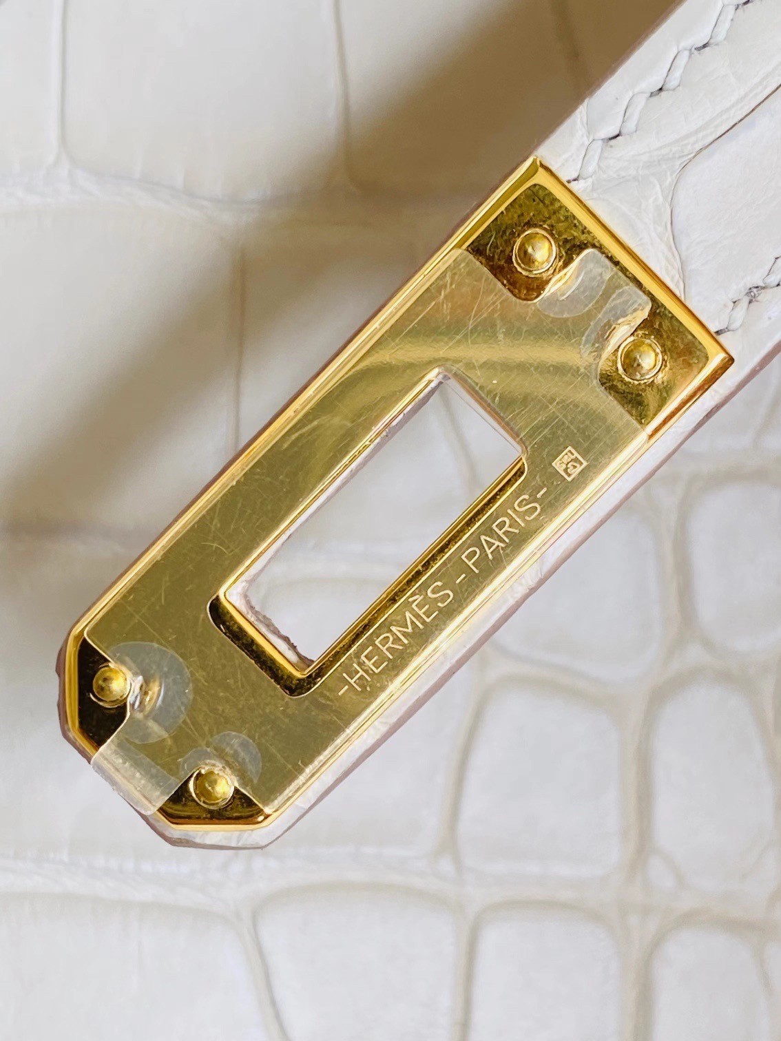 Close-up of the crisp 'HERMÈS - PARIS -' engraving on gold hardware of an alligator Birkin